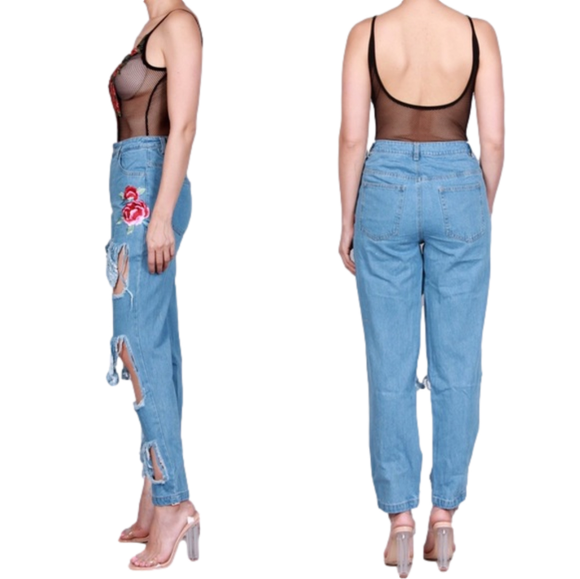 Rose Appliqué Distressed Skinny Denim Jeans - Picture 7 of 10